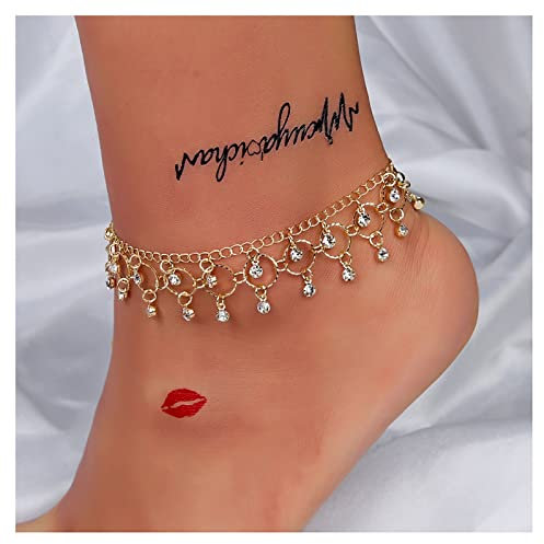 Dishowme Fußkettchen mit Kristallen Lariat Kreis Boho Strass Quasten Fußkette Strand Barfuß Sandale Schmuck für Frauen Mädchen (Gold)