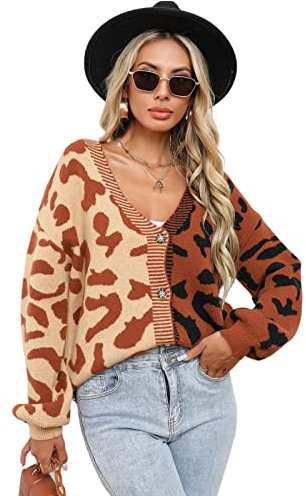 HEYPORK Damen Herbst Winter Warm Bequem Jacke Casual Mode übergangsjacke Mantel Frauen Pullover Leopardenmuster Patchwork Strickjacke Knopfleiste Strickpullover(Braun, M)