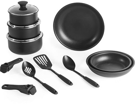 Salter BW12055IS 14-Piece Clip & Cook Pan Set – Non-Stick Cooking Pots, Oven Safe, Induction Suitable Frying Pans, Saucepans, 2 Removable Handles, Cooking Utensils, Compact, Stackable, Easy to Clean