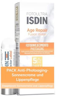 ISDIN PACK Age Repair SPF 50, Protector Solar Facial Antiedad con Ácido Hialurónico y Textura Ultraligera, 50 ml y Protector Labial SPF 50 ml, Pack Age repair + Protector Labial 30 SPF