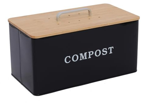 Xbopetda Indoor Compost Bin, Kitchen Compost Caddy, 7L / 1.8 Gallons Food Waste Bin Garbage Can, Rectangle Compost Bucket with Wooden Lid & 4 Charcoal Filters (Black)