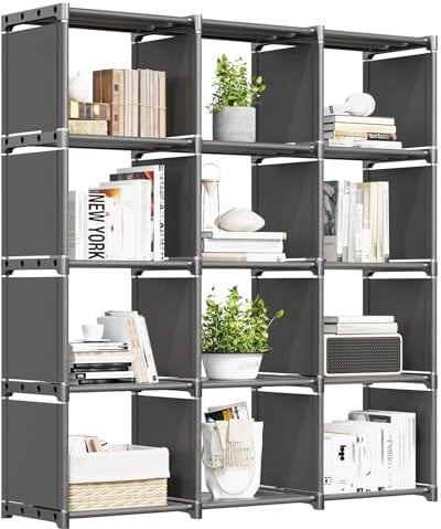 REIBII 12 Cube Storage Unit, Under Stairs Storage Cubes, Cube Shelf Storage for Bookcase Use, DIY, Living Room Display, Grey