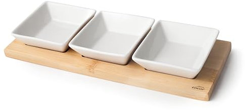 Lacor - 61240 - Bambustablett, Snackschale aus 100% Bambus und Porzellan, 3 Fächer, Leicht zu Reinigen, Spülmaschinenfest, Gut zum Servieren von Snacks, Fassungsvermögen jeder Schüssel: 100 ml