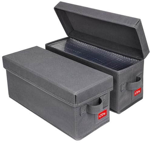 NUSWOR Upgrades CD Storage Box - Perfect CD Case Storage Solution, Stackable CD Organizer with Lid, 2Pack CD Holder 14.37 x 5.5 x 6.3 Inches - Holds 70 Jewel Cases - Grey