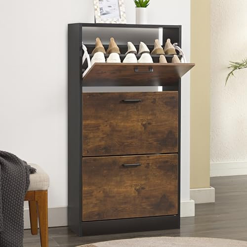 3 Drawer Shoe Storage Cabinet Pull Down Shoe Cabinet with 3 Tier Shoe Rack Wooden Furniture Cupboard Shoe Storage Organiser for Hallway Entryway, Living Rooms, Black/Rustic 60W x 24D x 112H cm