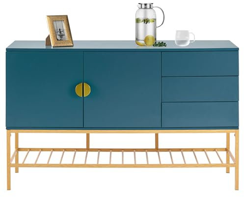 MQGPM Sideboard Kommode 130x40x83cm Anrichte mit 3 Schubladen und 2 Türen mit Glastüren Goldene Verzierungen, Moderne Beistellschrank Schrank Mehrzweckschrank Flurschrank, Wohnzimmer, Esszimmer,Blau