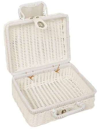 Tomotato Gewebte Picknickbox, Kunststoff Rattan Koffer Picknickkorb mit Griffen und Metallschloss für Outdoor Camping, Foto Requisite(S-Weiß)