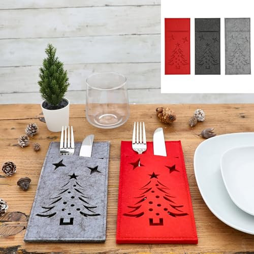 6 x Bestecktaschen aus Filz mit hübschem Tannenbaum-Motiv - 3 Farben sortiert - 24 x 11 cm (H/B) Besteckhalter Weihnachten - Bestecktasche Weihnachten