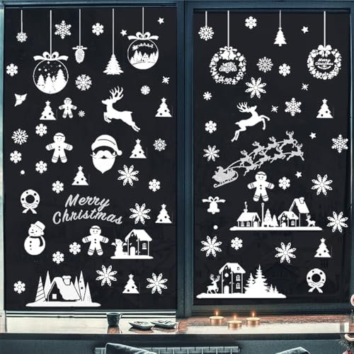 GROVBLE Weihnachten Deko 8 Blätte Weihnachten Fensteraufkleber, Fensterbilder Winter Haus Weihnachtsdeko, Selbstklebend Weihnachts fensterbilder,für Fenster Tür Winter Schneeflocken Weihnachtsdeko