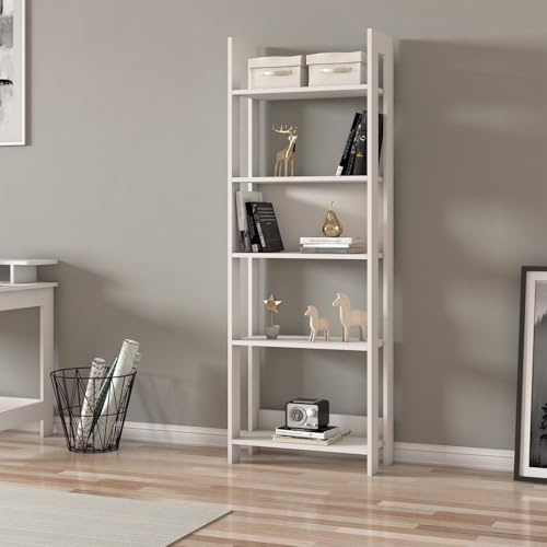 Hanah Home Stylish White Bookshelf, 64 cm x 180 cm x 30 cm | 100% Melamine Coated Particle Board, 18 mm Thick | Wall-Mountable, Multiple Shelves for Modern Spaces