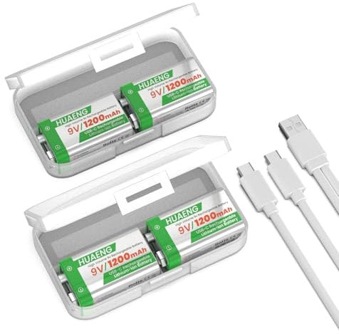 Batteria ricaricabile da 9 V, 4 batterie al litio da 1200 mAh, 9 Volt, ad alta capacità, per rilevatori di fumo, microfono, allarmi, giocattoli, torce, ecc. con cavo di ricarica USB-C e scatola di