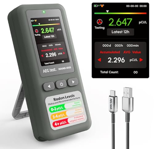 AEGTEST HOUND-1011S Portable Radon Detector, High-Accuracy Sensor for Home, Lightweight, Audible & Visual Alarms, Long-Term Monitoring, Easy-to-Use Radon Tester in pCi/L or Bq/m³ for Basement