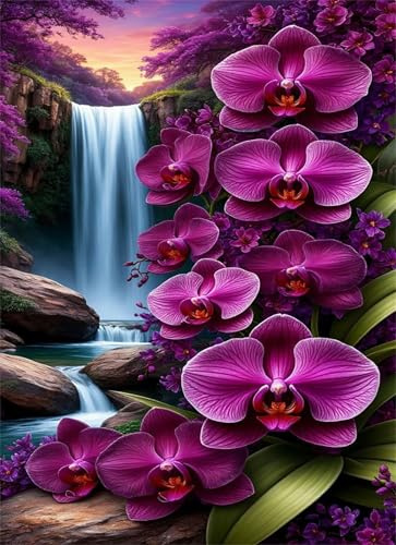Puzzle 500 Teile Wasserfall-Purpur-Orchideen Puzzle für Erwachsene,Jugendliche Herausforderungsspielzeug Dekompressionsspiel,Spielzeugpuzzle Geschenke zur Wohndekoration 52x38 cm