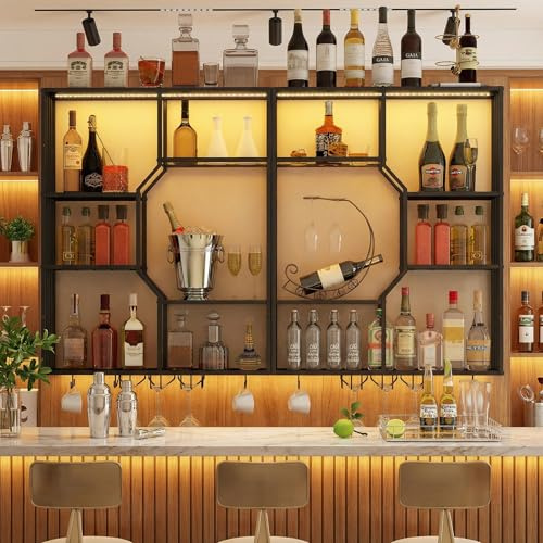 YOURLITE 3-Tier Bar Shelves, Wall Mounted Wine Rack with LED Lighting, Wall Bar with Wine Display Stand, Bar Shelf with Glass Holder for Living Room Kitchen Coffee Wine Bar, Black