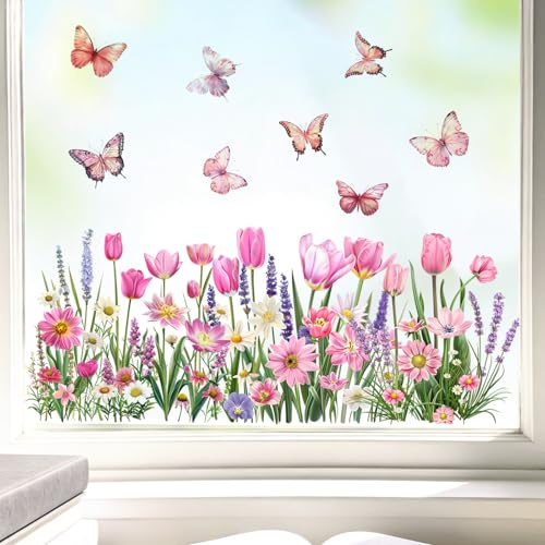 COMOOKA 3 Bögen Fensterbilder Sommer Blumen 58x30cm Selbstklebend Fenstersticker Frühling Fensteraufkleber Doppelseitig Schmetterlinge Fensterdeko für Wohnzimmer Kinderzimmer Wiederverwendbar (F)