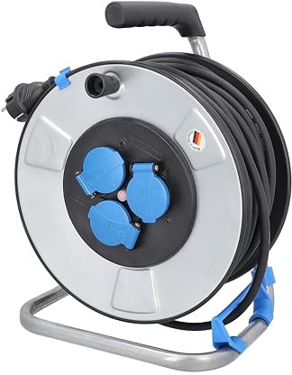 as - Schwabe enrollacables de 25 m H07RN-F 3G1,5-230V/16A/3.500 W - 3 tomas con tapas de protección - Protección contra salpicaduras y descargas eléctricas - Carrete Made in Germany - IP44, 10313