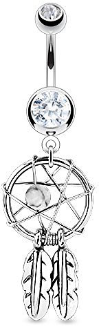 Autiga® Bauchnabel Piercing Traumfänger Dreamcatcher Zirkonia Kristalle Anhänger Federn klar 10 mm