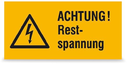 Betriebsausstattung24 Warn- Kombischild Achtung! Restspannung - 5,2 x 2,6 cm - 9 Nutzen auf Bogen - PVC-Folie, selbstklebend- gelb schwarz