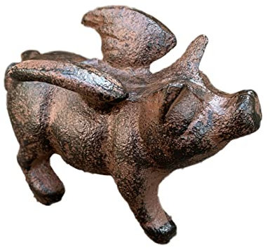 Darthome Ltd Cast Iron Flying Pig Ornament Brown Garden Lawn Angel Wings Standing Sculpture
