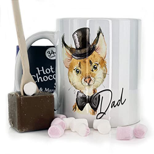 Hairyworm Personalised Mug and Belgian Milk Chocolate/Hot Chocolate Stirrer Marshmallow Gift Set, Customised with Name and Text, (11oz) White, Yellow, Blue, Black, Pink Mug with Top Hat Cat Design