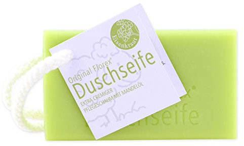 Duschseife mit Schafmilch und Mandelöl eckig EISENKRAUT (ohne Kräuter), 120g hängend mit Kordel