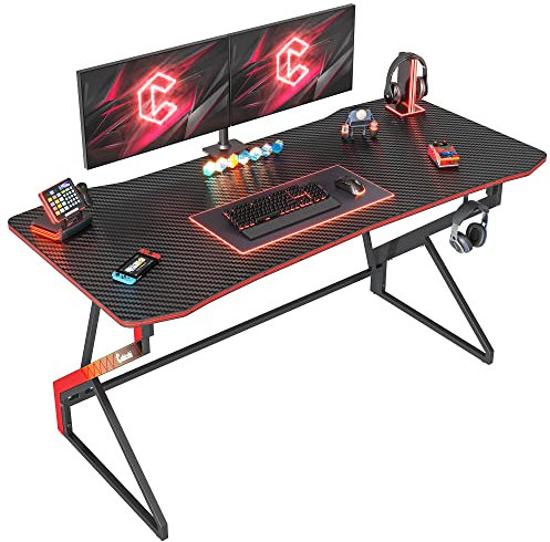 CubiCubi Gaming Tisch 140 x 60 cm, Gaming Schreibtisch mit Kohlefaseroberfläche, Computertisch mit Kopfhörerhaken, Stabiler PC Tisch für Gaming, Kohlefaser Schwarz