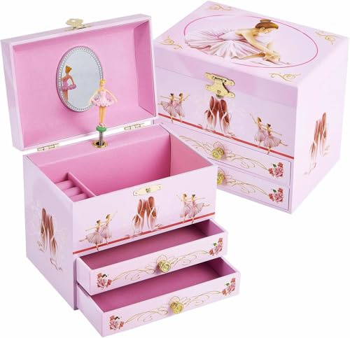 TAOPU Joyero musical para niñas con 2 cajones, caja de música de regalo para niñas con bailarina giratoria para edades de 3 a 12 años, almacenamiento de joyas para niños