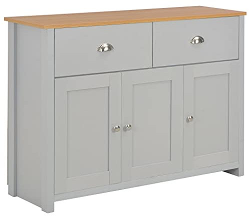 Makastle Sideboard mit 2 Schubladen und 3 Türen, Landhausstil Kommode mit viel Stauraum für Ihr Wohnzimmer, Apothekerkommode Kommode Anrichte Apothekenschrank, Grau 112 x 35 x 81 cm