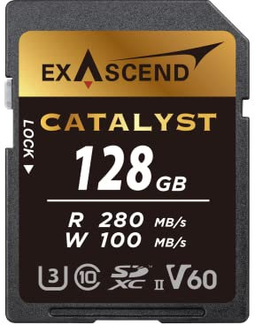 Exascend Catalyst 128GB SDXC UHS-II V60 Memory Card Record In 4K Ultra HD 100MB/s Write Speeds, 280MBs Read UHS-II, Class 10, U3, V60 SD Memory Card