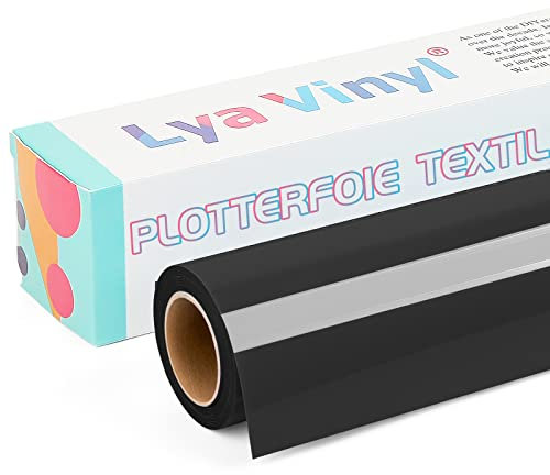 Lya Vinyl Plotterfolie Textil, 30,5 × 305cm Schwarz Flexfolie Plotter Textil für Cricut und Silhouette Cameo, Textilfolie Plotter für DIY Stoff und Shirt