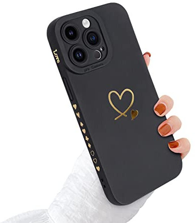 Newseego Hülle Kompatibel mit iPhone 14 Pro Gold Herz Muster Weiches Flüssigsilikon Case für Frauen Mädchen Niedliches Herz Seitenrahmen Schutzhülle für iPhone 14 Pro(6,1 Zoll)-Schwarz
