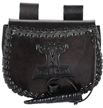 Battle-Merchant | kleine Mittelalter Gürteltasche mit Thorshammer Prägung aus Leder | Bauchtasche für Damen und Herren in Schwarz | Wikinger Reenactment Ledertasche für den Gürtel