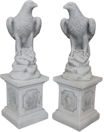 gartendekoparadies.de 2-Set Adler Steinadler auf Sockel Podest, H. 98 cm, 170 kg, Grau, frostsicher aus Steinguss für Außenbereich