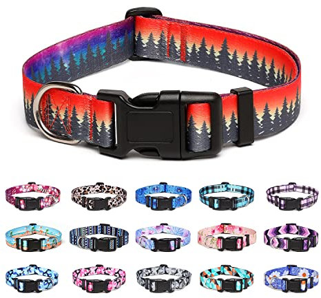 Suredoo Adjustable Nylon Dog Collar with Patterns, Soft Comfy Pet Collar for Small Medium Large Dogs (S, Forest)
