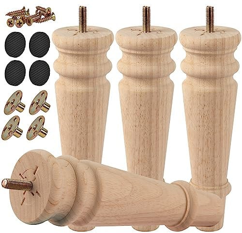 TCHOSUZ Gambe per mobili in legno da 20 cm, confezione da 4 piedini rotondi di ricambio non finiti in legno massiccio torniti fai da te, con bulloni M8 e dadi a T, per divano, divano, armadio,