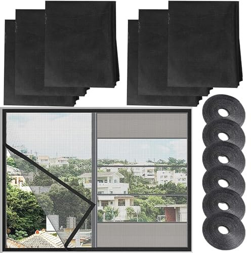 6 Stück Moskitonetze für Fenster,130cm x 150cm,Schwarz - Fliegengitter für Fenster Insektenschutz Fensternetz mit 6 Rollen Selbstklebeband,Schützen die Familie vor Insekten
