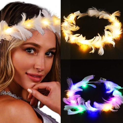 Zoestar LED-Feder-Stirnbänder, leuchtendes Stirnband, blinkend, leuchtend, Kopfschmuck, Festival, Party, Haarschmuck für Damen und Mädchen, 2 Stück