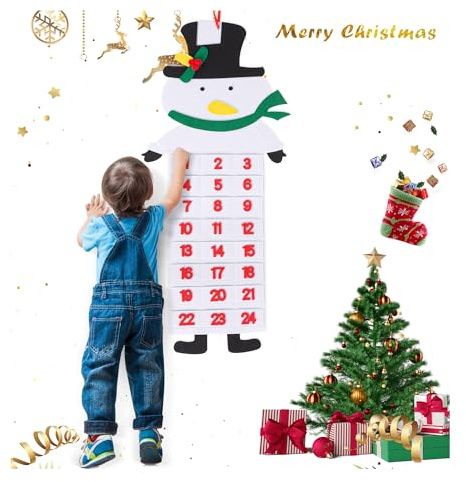 Schneemann Adventskalender Filz Adventskalender, Wandbehang Stoff Adventskalender Filz Countdown Kalender mit 24 Tagen Taschen für kleine Geschenke Weihnachtsbaum Tür Kaminsims