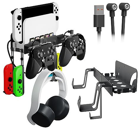 EJGAME Wall Mount Bracket Compatible with Nintendo Switch/OLED,Metal Wall Mount Kit Shelf Stand Accessories with Hooks for Hanging Headphone and Joy-Cons, Dual Controller Holder (Black)