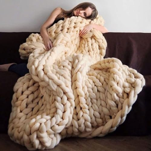 Grobstrick Decke, Kuschelig Warm Strickdecke Mischwurf, Handgefertigt Gewichtet Wolldecke Gestrickt Decke Werfen, für Sofa Bett Sessel Garten (Color : Beige, Size : 180 * 200cm)