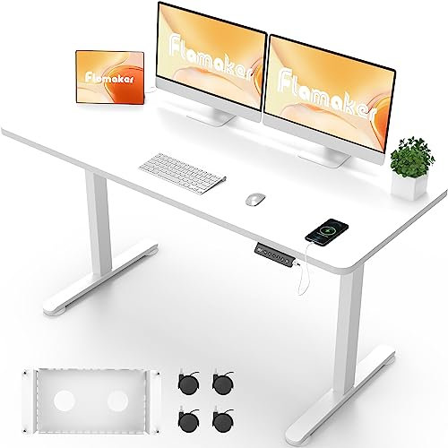 Flamaker Höhenverstellbarer Schreibtisch Ganze Tischplatte 140 x 60 cm Schreibtisch Höhenverstellbar Elektrisch mit Memory-Steuerung un Sitzende Erinnerung und USB-Aufladung (Weiß)
