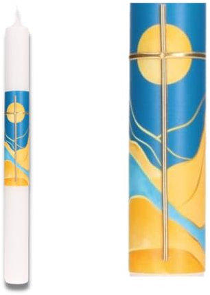 Kommunionkerze mit Wachsmotiv - Kreuz aus Blättern mit Kreuz in Gold. Lange, schmale Wachskerze für die Erstkommunion im Format Ø 4 x 25 cm. Ideal als Kommunionsgeschenk