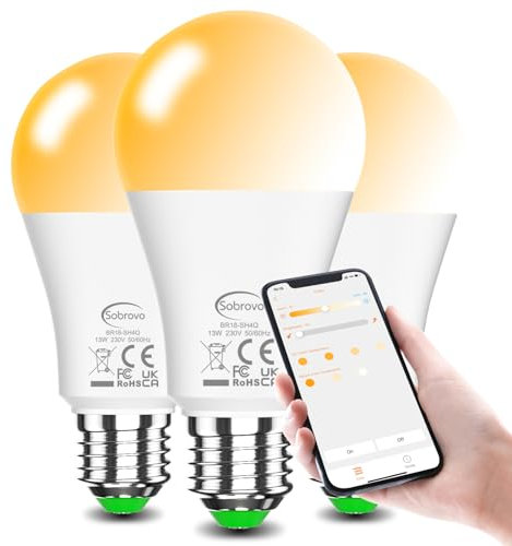 SOBROVO Led Light Bulb - E27 Screw Led Bulb Compatible with Alexa,13W Warm White-White 2700K-6000K 130W Equivalent Smart Bluetooth Remote Control Bulb,Energy Saving,APP Control,Home Lighting,3Pack