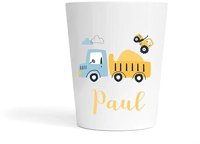 Gobelet Enfant Personnalisé Camion Chantier – Gobelet Incassable 230ml Sans BPA – Prénom École ou Crèche – Tasse Garçon Rentrée Scolaire – Engins de Travaux
