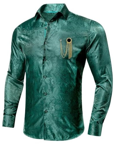Langarmshirts Für Herren - Elegante Herren-Seidenhemden, Langärmelig, Revers, Brosche, Paisley-Hemd, Männlich, Hochzeit, Reguläre Passform, Business-Hemd, Stil B, XXL