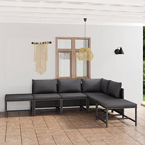 Blukee 6-TLG. Garten Loungemöbel Set mit Kissen Poly Rattan Grau Garden Furniture Sets Balkonsofa Gartensofa Balkon Sitzgruppe Terrassenmöbel Set Gartenlounge Outdoor Balkonlounge
