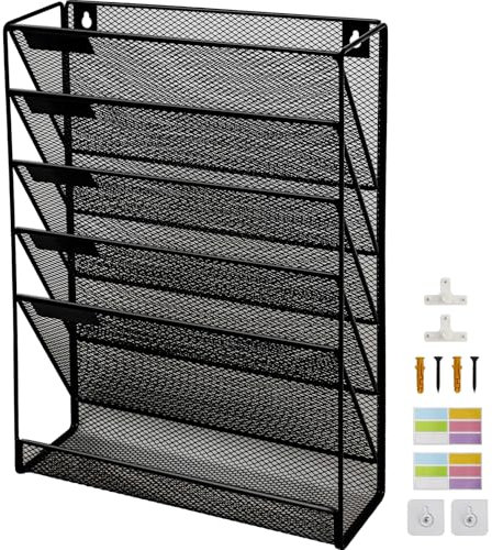 6 Tier Upgrade Mesh Wall File Holder Organizer with Bottom Flat Tray, Medium Mesh Vertical Hanging File Organizer, Office Hanging File Folder Magazine Rack, Nametag Label Hooks Set Included, Black