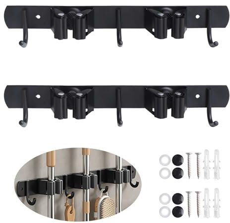 Svitzoot 2 Piezas Colgador y Organizador Soporte Escobas Pared Negros 2 Soportes y 3 Ganchos Colgador de pared para Escobas y Fregonas para cocina jardín baño organización de herramientas