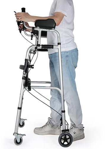 Zusammenklappbarer Rollator, Aufrechter Gehwagen mit Unterarmstütze, Ledersitz und Bremsen, Höhenverstellbarer Gehwagen für Erwachsene/Senioren/große Männer, Drinnen und Draußen