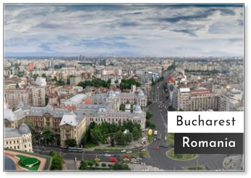 Luftpanorama über Bukarest, Rumänien. Foto vom Universitätsplatz, Kühlschrankmagnet
